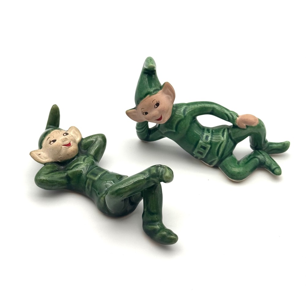 Vintage Elf Pixie Fairy Figurine Set of 2 Greenโ Ceramic Playful Whimsical